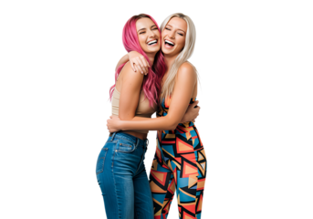 Two young women are having fun and friends are hugging each other, isolated
