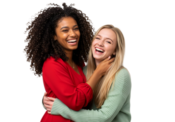 Two young women are having fun and friends are hugging each other, isolated
