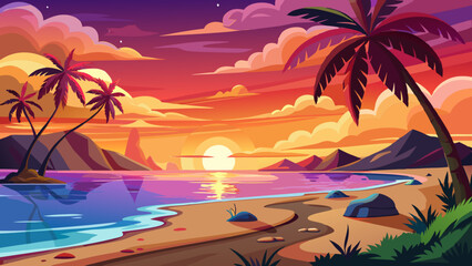 The sun sets over the beach, painting the sky in shades of orange, pink, and gold. Gentle waves reflect the warm glow, creating a serene and picturesque scene.