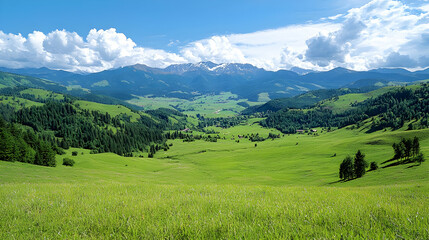 Obraz premium Lush green alpine valley stretches toward distant snow-capped mountains under a bright blue sky with clouds.