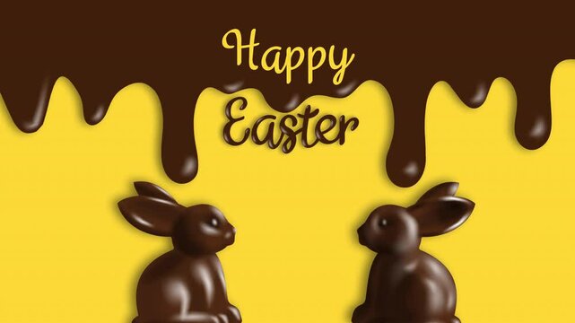 happy easter animated banner with chocolate rabbits and melted icing on yellow background video footage 