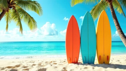 Three colorful surfboards stand vertically in the sand on a tropical beach with palm trees and turquoise water. Concept of summer adventure.