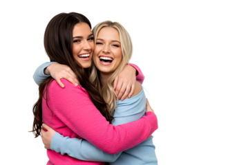 Two young women are having fun and friends are hugging each other, isolated