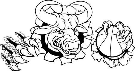 A bull or Minotaur monster longhorn cow angry mean basketball mascot cartoon.