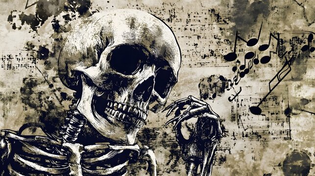 Haunting Skeleton Musical Notes Grunge Gothic Abstract Background
