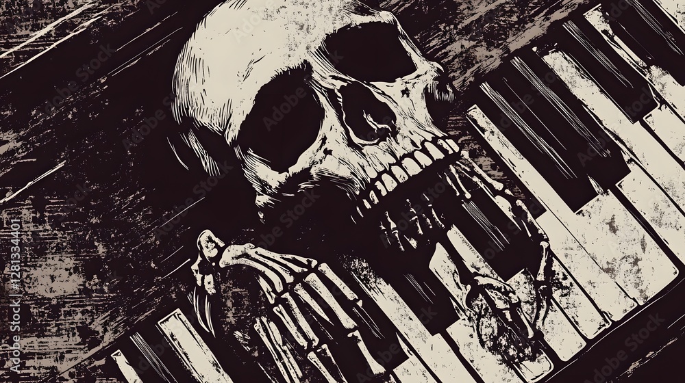 Poster Haunting Skeleton Piano Keys in Dark and Ominous Atmosphere