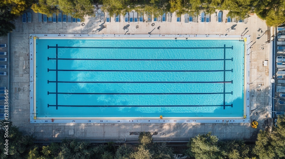 Poster aerial serenity turquoise swimming pool surrounded by green trees and loungers capturing summer rela
