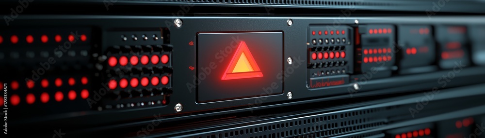 Poster bright red warning light illuminates a black network server, potential system error or hardware malf