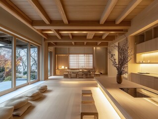 Fototapeta premium A minimalist wooden modern interior with open views