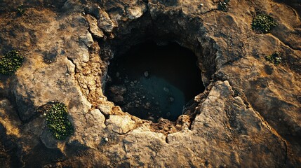 Coastal rock pool, aerial view, sunset, vegetation