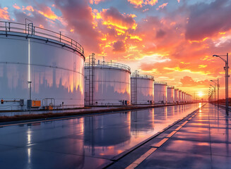 Obraz premium Row of large oil storage tanks at sunset with vibrant sky reflection on wet pavement.