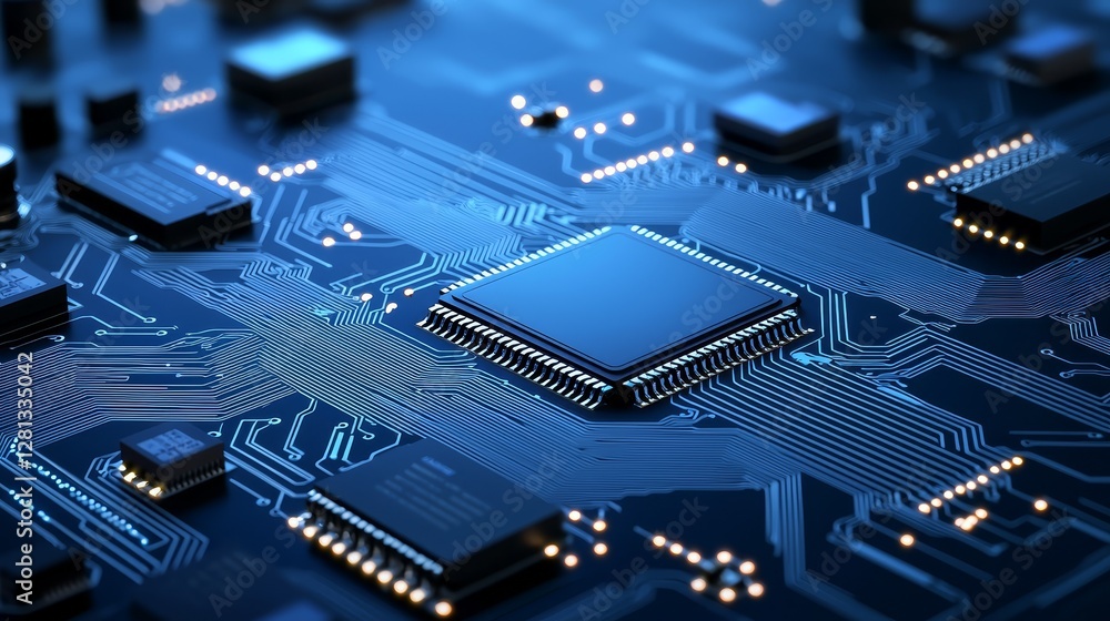 Aufkleber closeup of a computer chip on circuit board, exploring the heart of digital technology