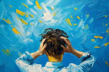 "INNER STORM". A man screams in frustration, gripping his head as chaos erupts around him. The bold strokes of yellow and blue symbolize turmoil, inner conflict, and emotional explosion.