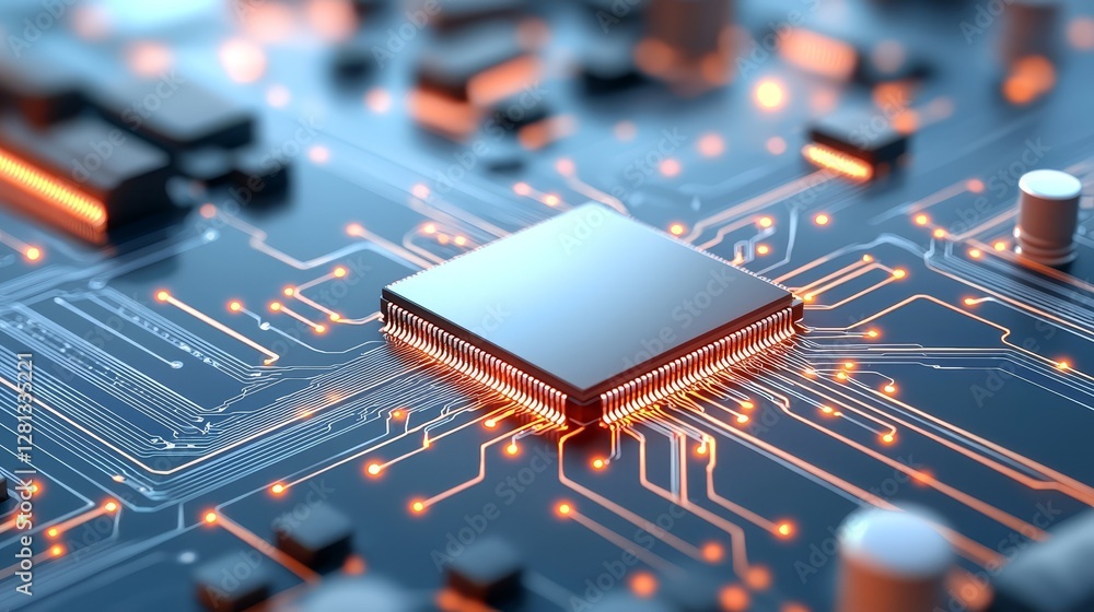 Poster intricate circuitry, a cpu chip's placement on complex electronic circuit board
