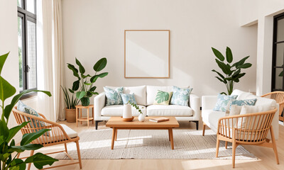 Obraz premium A stylish summer 2025 home decor scene featuring light airy spaces with natural materials like wood rattan