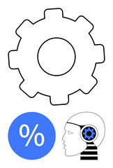 Obraz premium Gear above blue percentage sign and human head silhouette with gear on ear Ideal for technology, automation, artificial intelligence, efficiency, thinking process, percentage analysis, technical
