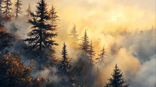 Misty sunrise over a pine forest, with sunlight filtering through the trees and fog.