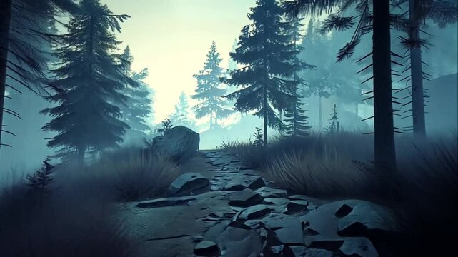 Misty forest path with tall pine trees and rocky ground.