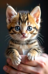 A wide-eyed, striped kitten with blue eyes is gently held in someone's hands. Concept of precious companionship.