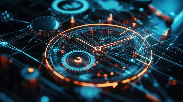 Clockwork Mechanism with Glowing Orange and Blue Accents, signifying precision and technology. Suitable for finance, engineering, and technological innovation.