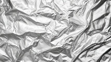 Bright silver aluminum foil texture with shiny, crinkled surface, creating an abstract appearance. - obrazy, fototapety, plakaty