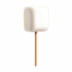 Realistic illustration of a single white marshmallow skewered on a wooden stick, isolated on transparent background.