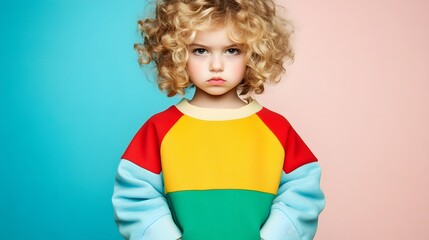 Portrait of a Grumpy Toddler Girl with Curly Hair Wearing a Colorful Sweatshirt