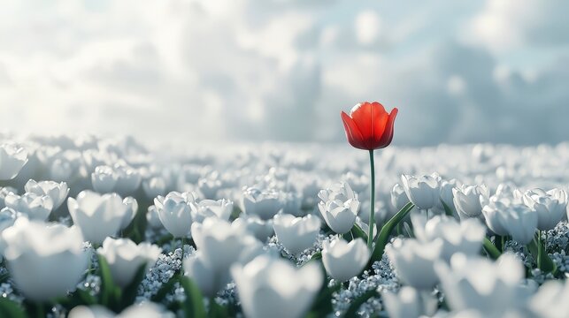 Red tulip standing tall among white tulips in a field, embodying uniqueness and standing out. Great for individuality, leadership, or personal branding themes.