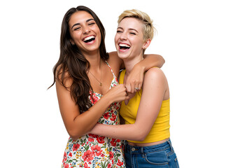 Two young women are having fun and friends are hugging each other, isolated