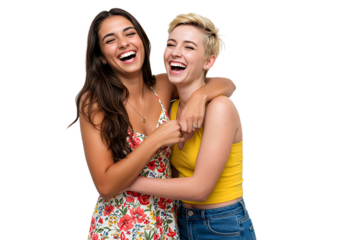 Two young women are having fun and friends are hugging each other, isolated