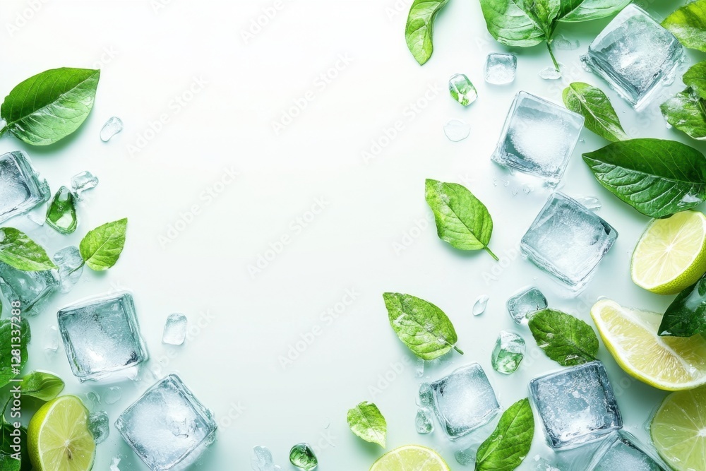 Poster refreshing composition of ice cubes lime slices and mint leaves on a bright background creating a co