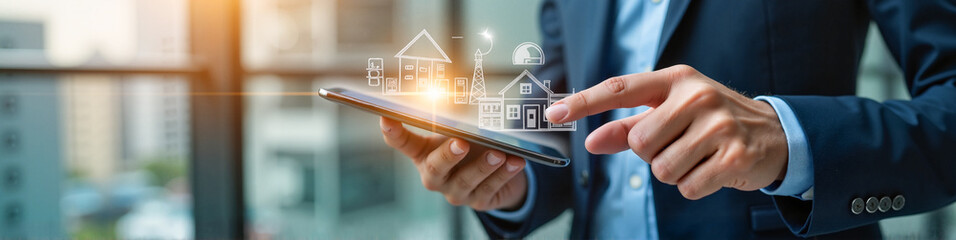 Obraz premium Realtor in a suit tapping a touchscreen to browse property listings, modern office background, symbolizing tech-driven real estate business.