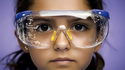 Closeup Portrait Girl Wearing Safety Glasses Science Experiment