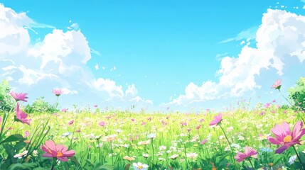 Obraz premium A Vibrant Summer Field Of Blooming Flowers Under A Blue Sky