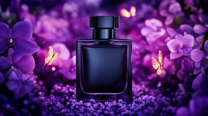 Elegant Perfume Bottle Surrounded by Purple Flowers and Butterflies