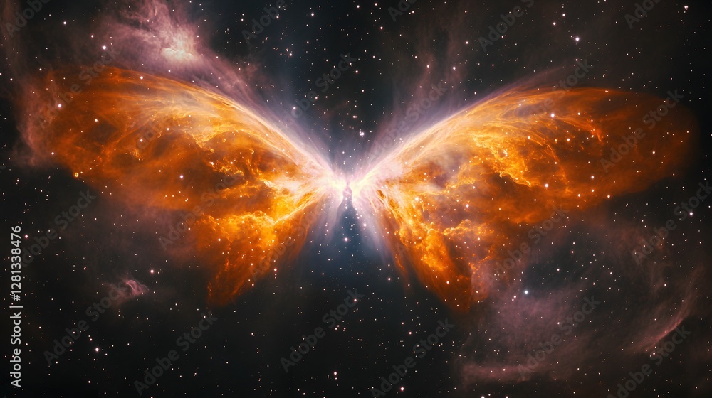 Poster a mesmerizing view of the butterfly nebula ngc 6302 with symmetrical wing-like structures glowing in