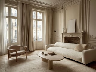 A warm neutral interior showcasing furniture and a fireplace