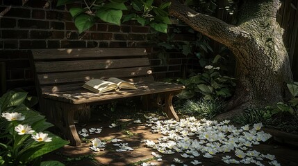 Fototapeta premium Tranquil Garden Scene Book on Bench Flower Petals
