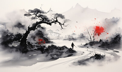 A lone warrior travels through the rural landscape, heading to a temple mountain city. Japan traditional sumi-e. Ink painting smeared with a wet brush.