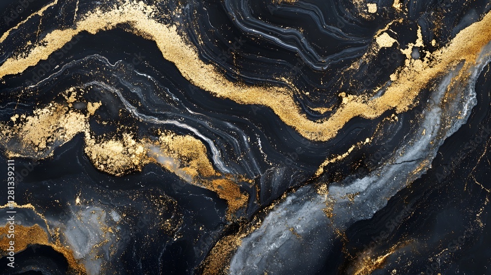 Poster Luxurious abstract marble texture with intricately designed gold and black geometric patterns creating a dynamic contemporary and visually captivating backdrop for a variety of high end design