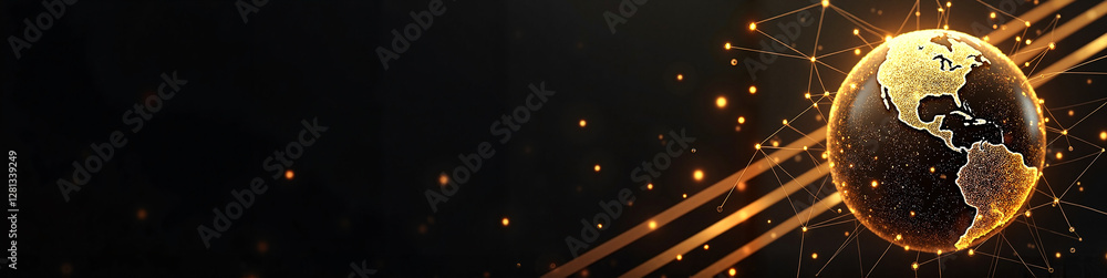 Poster futuristic golden globe with interconnected nodes on elegant black background, symbolizing global ne