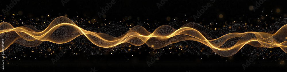 Poster abstract golden digital waves forming an innovative neural network view against a black background, 