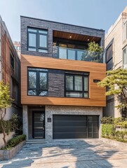 A modern three story building is front facing