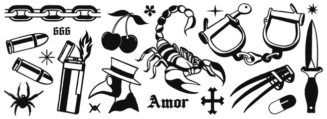 Retro trendy elements. y2k elements for des.gothic tattoo elements. Scorpion, lighter, handcuffs, knife, bullets, spider. grain effect vector illustration.