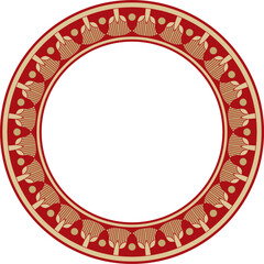 Vector gold with red round Egyptian ornament. Circle, frame, ring of ancient Egypt.Pattern of lotus flowers and sun