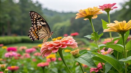 Obraz premium A close-up of a butterfly landing on a vibrant flower in a botanical garden