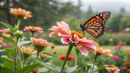 Naklejka premium A close-up of a butterfly landing on a vibrant flower in a botanical garden