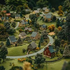 Fototapeta premium Detailed Miniature Village Model with Winding Road and Green Hills