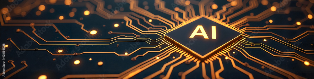 Poster futuristic black and gold digital circuit board with glowing golden pathways, representing ai and au