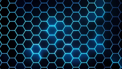 black background with blue neon hexagon grid glowing hex background generative ai
